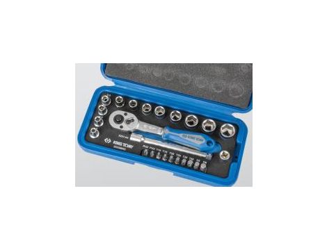 King Tony - ZESTAW NARZĘDZI 1/4" 25cz. NASADKI KRÓTKIE, 6-kąt. 4 - 13mm Z GRZECHOTKĄ I AKCESORIAMI, KASETA - 2525MRE - 2