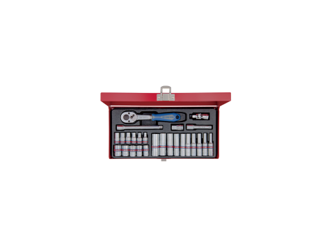 King Tony - ZESTAW NASADEK CALOWYCH 1/4" 26cz. KRÓTKIE + DŁUGIE, 6-kąt. 5/32 - 1/2" Z GRZECHOTKĄ I AKCESORIAMI, KASETA - 2526SR - 2