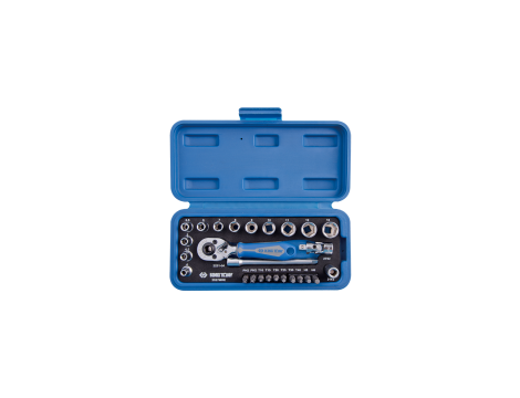 King Tony - ZESTAW NARZĘDZI 1/4" 27cz. NASADKI KRÓTKIE, 6-kąt. 4 - 14mm Z GRZECHOTKĄ I AKCESORIAMI, KASETA - 2527MRE - 2