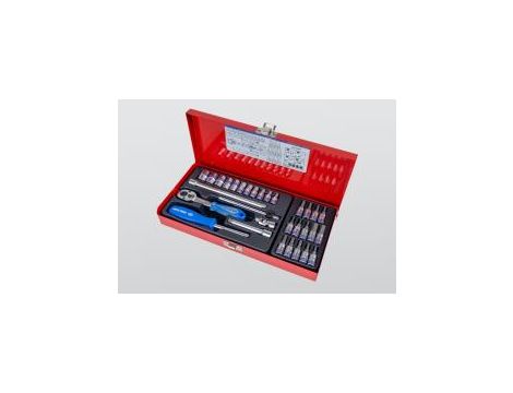 King Tony - ZESTAW NARZĘDZI 1/4" 31cz. NASADKI KRÓTKIE, 6-kąt. 4 - 13mm, T8 -T30, HEX 3 - 10 Z GRZECHOTKĄ I AKCESORIAMI, KASETA - 2531MR