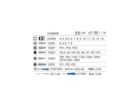 King Tony - ZESTAW NARZĘDZI 1/4" 45cz. NASADKI KRÓTKIE, 6-kąt. 4 - 14mm + BITY, Z GRZECHOTKĄ I AKCESORIA, KASETA - 2575MR