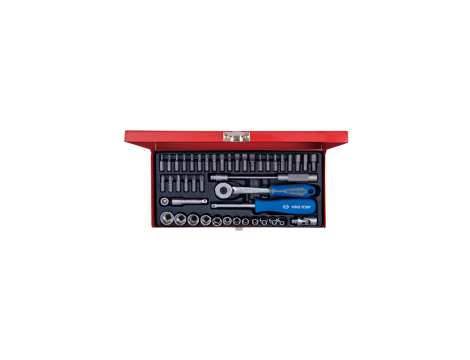 King Tony - ZESTAW NARZĘDZI 1/4" 45cz. NASADKI KRÓTKIE, 6-kąt. 4 - 14mm + BITY, Z GRZECHOTKĄ I AKCESORIA, KASETA - 2575MR - 2