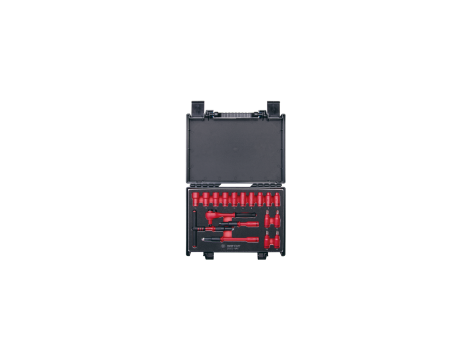 King Tony - ZESTAW NASADEK IZOLOWANYCH 1/4" 18cz. KRÓTKIE, 6-kąt. 5 - 14mm, Z AKCESORIAMI, CHROM, KASETA Z TWORZYWA - 25VE01MRV