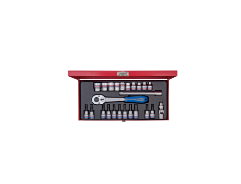 King Tony - ZESTW NARZĘDZI CALOWYCH 3/8" 24cz. NASADKI KRÓTKIE 12-kąt. 1/4-3/4", HEX 3-10, KRZYŻ. 2,3 PŁASKIE 5 ,8 Z GRZECHOTKĄ I AKCESORIAM - 3024SR