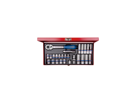 King Tony - ZESTAW NASADEK 3/8" 27cz. KRÓTKIE 12-kąt. 7 - 19mm / DŁUGIE 6-kąt. 8 - 19mm Z GRZECHOTKĄ I AKCESORIAMI, KASETA - 3027MR