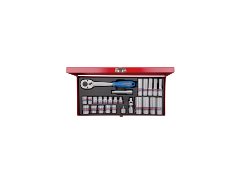 King Tony - ZESTAW NASADEK CALOWYCH 3/8" 27cz. KRÓTKIE 12-kąt. 1/4 - 3/4" / DŁUGIE 6-kąt. 5/16-13/16" Z GRZECHOTKĄ I AKCESORIAMI,CHROM - 3027SR