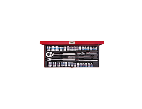 King Tony - ZESTAW NASADEK 3/8" CALOWE I METRYCZNE 36cz. KRÓTKIE, 12-kąt. 6 - 22mm, 1/4 - 13/16" Z GRZECHOTKĄ I AKCESORIAMI, KASETA - 3036CR - 2