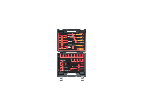 King Tony - ZESTAW NASADEK IZOLOWANYCH 3/8" 31cz. KRÓTKIE, 6-kąt. 10 - 19mm, Z AKCESORIAMI, CHROM, KASETA Z TWORZYWA - 30VE31MPV