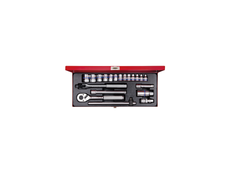 King Tony - ZESTAW NASADEK 3/8" 20cz. KRÓTKIE 6-kąt. 6 - 22mm Z GRZECHOTKĄ I AKCESORIAMI, KASETA - 3520MR