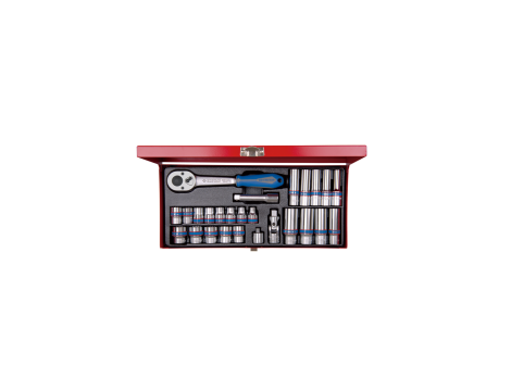 King Tony - ZESTAW NASADEK 3/8" 27cz. KRÓTKIE + DŁUGIE 6-kąt. 7 - 19mm Z GRZECHOTKĄ I AKCESORIAMI, KASETA - 3527MR