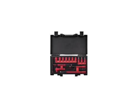 King Tony - ZESTAW NASADEK IZOLOWANYCH 3/8" 14cz. KRÓTKIE, 6-kąt. 10 - 19mm, Z AKCESORIAMI, CHROM, KASETA Z TWORZYWA - 35VE01MRV