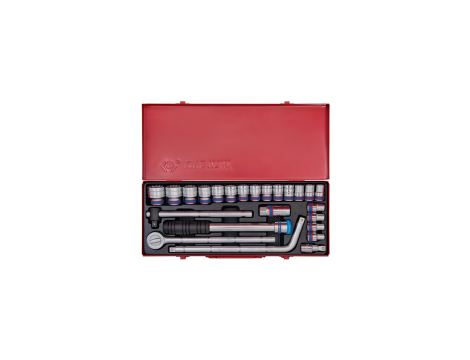 King Tony - ZESTAW NASADEK 1/2" 24cz. KRÓTKIE 12-kąt. 10 - 32mm Z GRZECHOTKĄ I AKCESORIAMI, KASETA - 4024MR