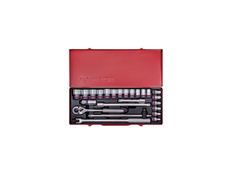 King Tony - ZESTAW NASADEK CALOWYCH 1/2" 24cz. KRÓTKIE 12-kąt. 5/16" - 1.1/4" Z GRZECHOTKĄ I AKCESORIAMI, KASETA - 4026SR - 2