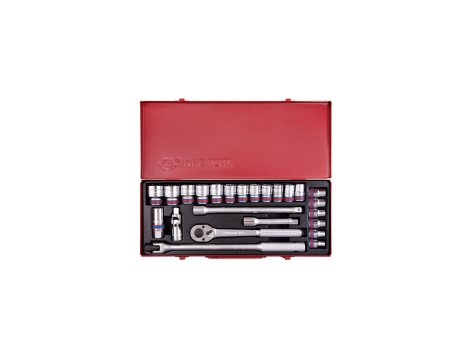 King Tony - ZESTAW NASADEK CALOWYCH 1/2" 24cz. KRÓTKIE 12-kąt. 5/16" - 1.1/4" Z GRZECHOTKĄ I AKCESORIAMI, KASETA - 4032SR