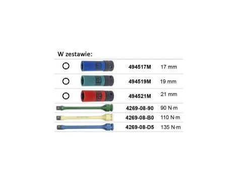 King Tony - ZESTAW NASADEK UDAROWYCH 1/2" DO FELG ALUMINIOWYCH 6cz. 6-kąt. 17, 19, 21mm + PRZEDŁUŻKI Z BLOKADĄ, KASETA - 44906MP - 2