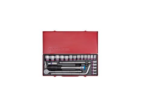 King Tony - ZESTAW NASADEK CALOWYCH 1/2" 24cz. KRÓTKIE 6-kąt. 3/8" - 1.1/4" Z GRZECHOTKA I AKCESORIAMI, KASETA - 4524SR