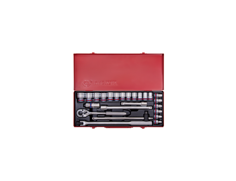 King Tony - ZESTAW NASADEK CALOWYCH 1/2", 24cz. KRÓTKIE 6-kąt. 5/16" - 1.1/4" Z GRZECHOTKA I AKCESORIAMI, KASETA - 4526SR - 2