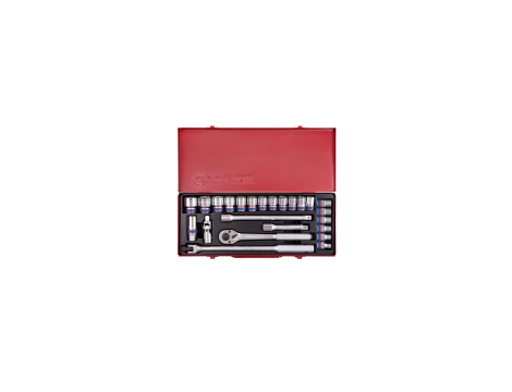 King Tony - ZESTAW NASADEK 1/2" 24cz. KRÓTKIE 6-kąt. 10 - 32mm Z GRZECHOTKĄ I AKCESORIAMI, KASETA - 4532MR