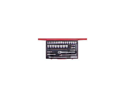 King Tony - ZESTAW NASADEK 1/2" 33cz. KRÓTKIE 6-kąt. 8 - 32mm Z GRZECHOTKĄ I AKCESORIAMI, KASETA - 4534MR