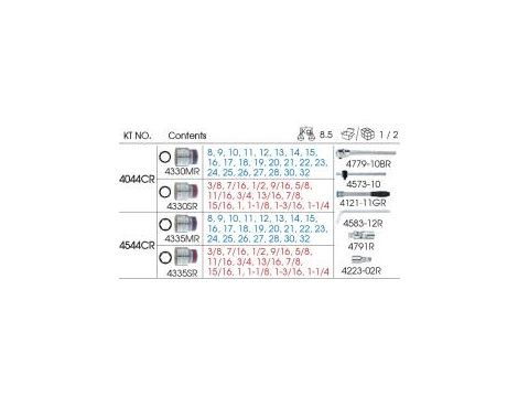 King Tony - ZESTAW NASADEK 1/2" 43cz. KRÓTKIE 6-kąt. 8 - 32mm, CALOWE 3/8" - 1.1/4" Z GRZECHOTKĄ I AKCESORIAMI, KASETA - 4544CR