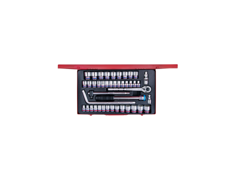 King Tony - ZESTAW NASADEK 1/2" 43cz. KRÓTKIE 6-kąt. 8 - 32mm, CALOWE 3/8" - 1.1/4" Z GRZECHOTKĄ I AKCESORIAMI, KASETA - 4544CR - 2