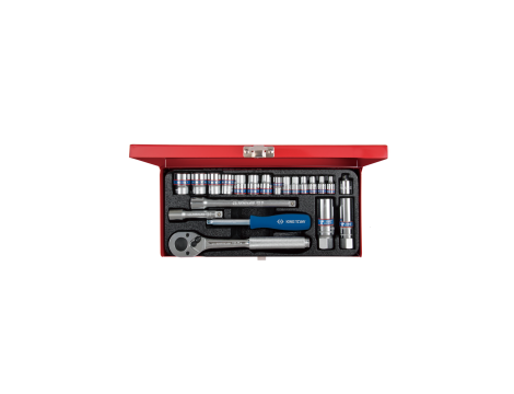 King Tony - ZESTAW NASADEK 1/4" + 3/8" 21cz. KRÓTKIE 12-kąt. 10 - 19mm, 6-kąt. 4 - 9mm Z GRZECHOTKĄ I AKCESORIAMI, KASETA - 5022MR - 2