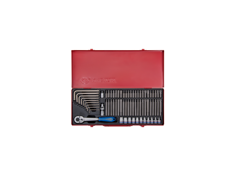 King Tony - ZESTAW BITÓW 10mm HEX, TORX, SPLINE 69cz. + NASADKI 3/8" E4 - E18mm Z AKCESORIAMI, KASETA - 5169PR - 2