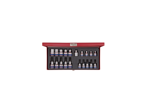 King Tony - ZESTAW NASADEK Z KOŃCÓWKĄ HEX/TORX 3/8"+1/2" 20cz. KRÓTKIE E6- E20, T10-T55, CHROM,KASETA - 7120PR