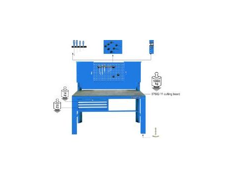 King Tony - NIEBIESKI STÓŁ WARSZTATOWY 3 SZUFLADY, PROWADNICE ŁOŻYSKOWANE ZE ŚCIANĄ TYLNĄ i 2 SZAFKAMI - 87502-B - 2