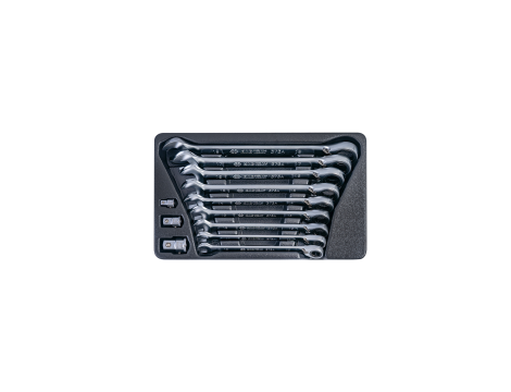 King Tony - ZESTAW KLUCZY PŁASKO-OCZKOWYCH Z GRZECHOTKĄ DWUKIERUNKOWĄ 373A 12cz. 10-19mm, Z ADAPTERAMI DO NASADEK, WKŁAD DO WÓZKA - 9-102A12MR - 2