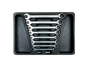 King Tony - ZESTAW KLUCZY PŁASKO-OCZKOWYCH Z GRZECHOTKĄ JEDNOKIERUNKOWĄ 10cz. 8 - 19mm Z ADAPTERAMI DO NASADEK, WKŁAD DO WÓZKA - 9-12120MR