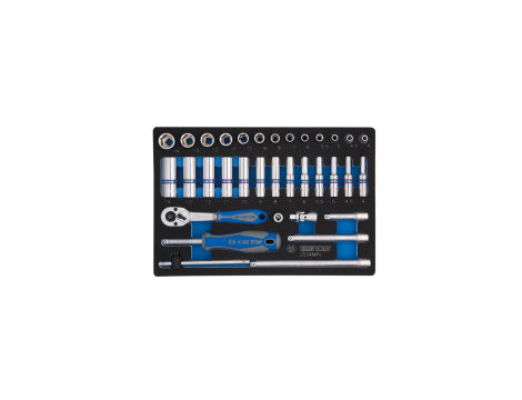 King Tony - ZESTAW NASADEK 1/4" 34cz. KRÓTKIE / DŁUGIE, 6-kąt. 4 - 14mm Z AKCESORIAMI, WKŁAD Z PIANKI EVA DO WÓZKA - 9-2534MRV - 2