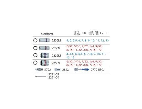 King Tony - ZESTAW NASADEK 1/4" 48cz. KRÓTKIE/DŁUGIE, 6-kąt. 4 - 13mm, CALOWE 5/32"-1/2" Z AKCESORIAMI, WKŁAD Z PIANKI EVA DO WÓZKA - 9-2548CRV