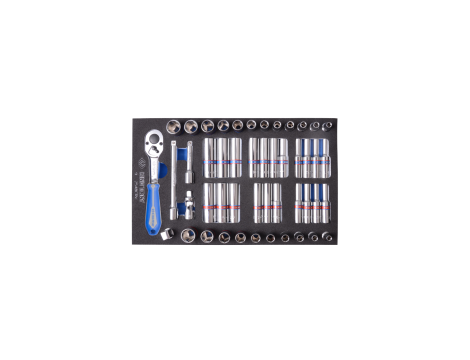 King Tony - ZESTAW NASADEK 1/4" 48cz. KRÓTKIE/DŁUGIE, 6-kąt. 4 - 13mm, CALOWE 5/32"-1/2" Z AKCESORIAMI, WKŁAD Z PIANKI EVA DO WÓZKA - 9-2548CRV - 2