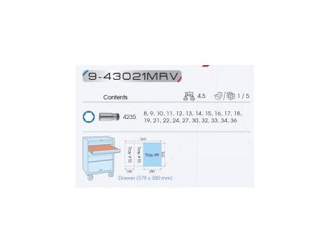 King Tony - ZESTAW NASADEK DŁUGICH 6-kąt. 1/2" 21cz. 8 - 36mm, WKŁAD EVA DO WÓZKA - 9-43021MRV