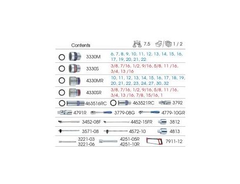 King Tony - ZESTAW NASADEK 3/8" + 1/2" 70cz. KRÓTKIE 12-kąt. 6 - 32mm, CALOWE 3/8" - 13/16" Z AKCESORIAMI, WKŁAD Z PIANKI EVA DO WÓZKA - 9-7069CRV