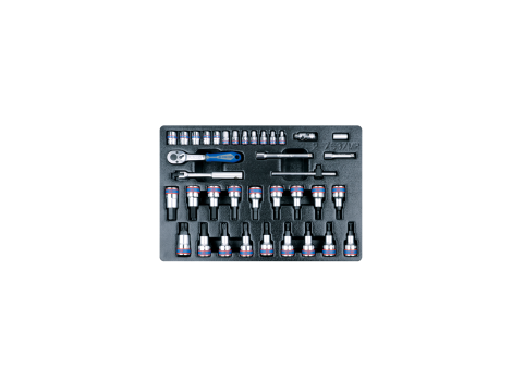 King Tony - ZESTAW NASADEK 1/4" + 1/2" 37cz. KRÓTKIE 6-kąt. 4 - 13mm, TORX T20 - T60, HEX H3 - H14, Z AKCESORIAMI, WKŁAD DO WÓZKA - 9-7537MR - 2