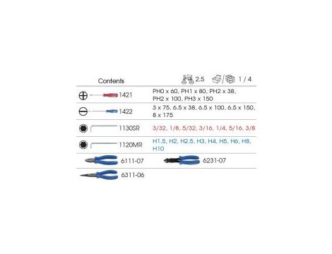 King Tony - ZESTAW29cz. - SZCZYPCE 3cz., WKRĘTAKI PŁASKIE/KRZYŻAK 10 cz., IMBUSY 1120M/1130S HEX Z KULKĄ, WKŁAD Z PIANKI EVA DO WÓZKA - 9-90129CRV