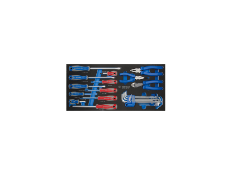 King Tony - ZESTAW29cz. - SZCZYPCE 3cz., WKRĘTAKI PŁASKIE/KRZYŻAK 10 cz., IMBUSY 1120M/1130S HEX Z KULKĄ, WKŁAD Z PIANKI EVA DO WÓZKA - 9-90129CRV - 2