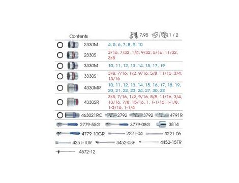 King Tony - ZESTAW NASADEK 1/4"+ 3/8" + 1/2" 77cz. KRÓTKIE 12-kąt. 4-32mm, 3/16" - 1-1/4" Z AKCESORIAMI, WKŁAD Z PIANKI EVA DO SKRZYNKI 8741 - 9-9077CRV