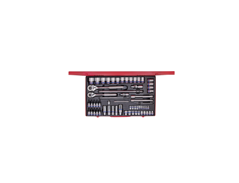 King Tony - ZESTAW NASADEK 1/4" + 3/8" + 1/2" 62cz. KRÓTKIE 12-kąt. 4 - 32mm Z GRZECHOTKAMI I AKCESORIAMI, KASETA - 9063MR