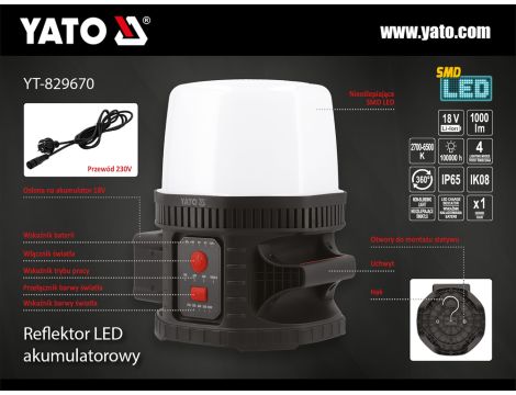 YATO - REFLEKTOR 18V 10000LM 360°, IK08 - YT-829670 - 2