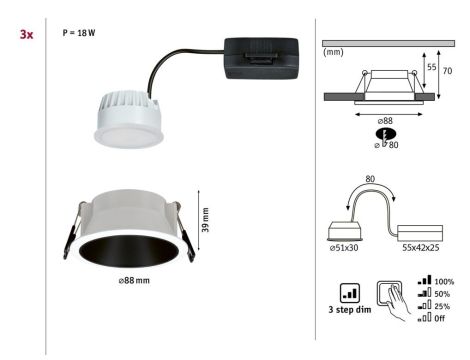 Oprawa do wbudowania COLE COIN LED 3-STEP DIM 3x6W 470lm 2700K IP44 230V biały / czarny matowy - 5
