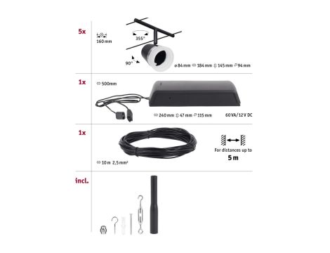 System linkowy DC zest Cone max5x10W Cz mat/Chrom GU5,3 12V DC 60VA twszt/met - 2