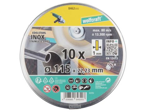 Tarcza korundowa 115x1 do cięcia stali nierdzewnej 10 sztuk, WOLFCRAFT - 2
