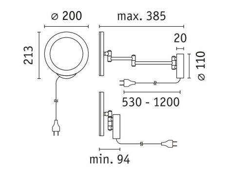 Lusterko kosmetyczne MASUA LED 4W 2700/4000/6500K + wyłącznik IP44 230V czarny matowy / metal - 12