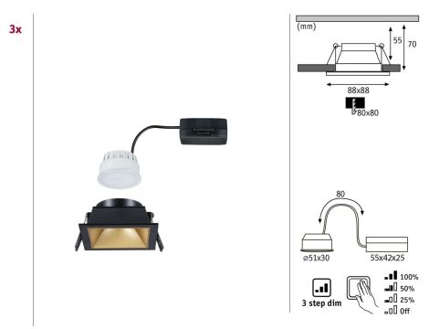 Oprawa do wbudowania EBL COLE SET COIN 3-STEP DIM zestaw 3x6W 3x470lm 2700K IP44 230V czarny matowy / złoty / aluminium - 6