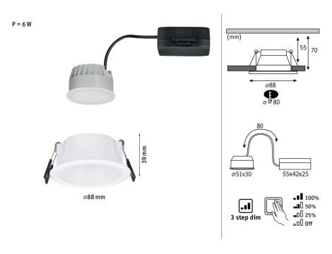 Oprawa do wbudowania EBL COLE SET COIN 3-STEP DIM 6W 470lm 2700K IP44 230V biały matowy / aluminium - 6