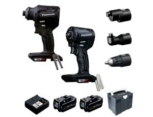 Zestaw Panasonic:  wkrętarka EY1DD2, zakrętarka udarowa EY1PD1, 2x Akumulator 18V/5,0 Ah, ładowarka, systainer, 3 końcówki robocze
