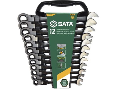 Sata - ZESTAW 12 KLUCZY PŁASKO-OCZKOWYCH ŁAMANYCH Z GRZECHOTKĄ NA PANELU SERIA BLACK - ST08033